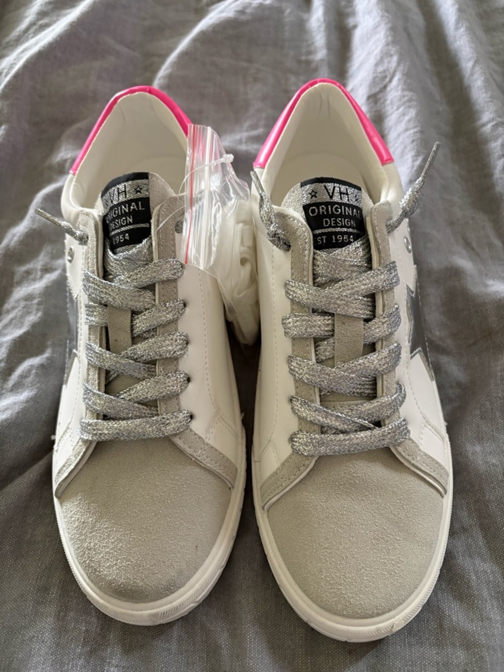 Vintage Havana White & Grey Sneakers with Pink Heel Accent